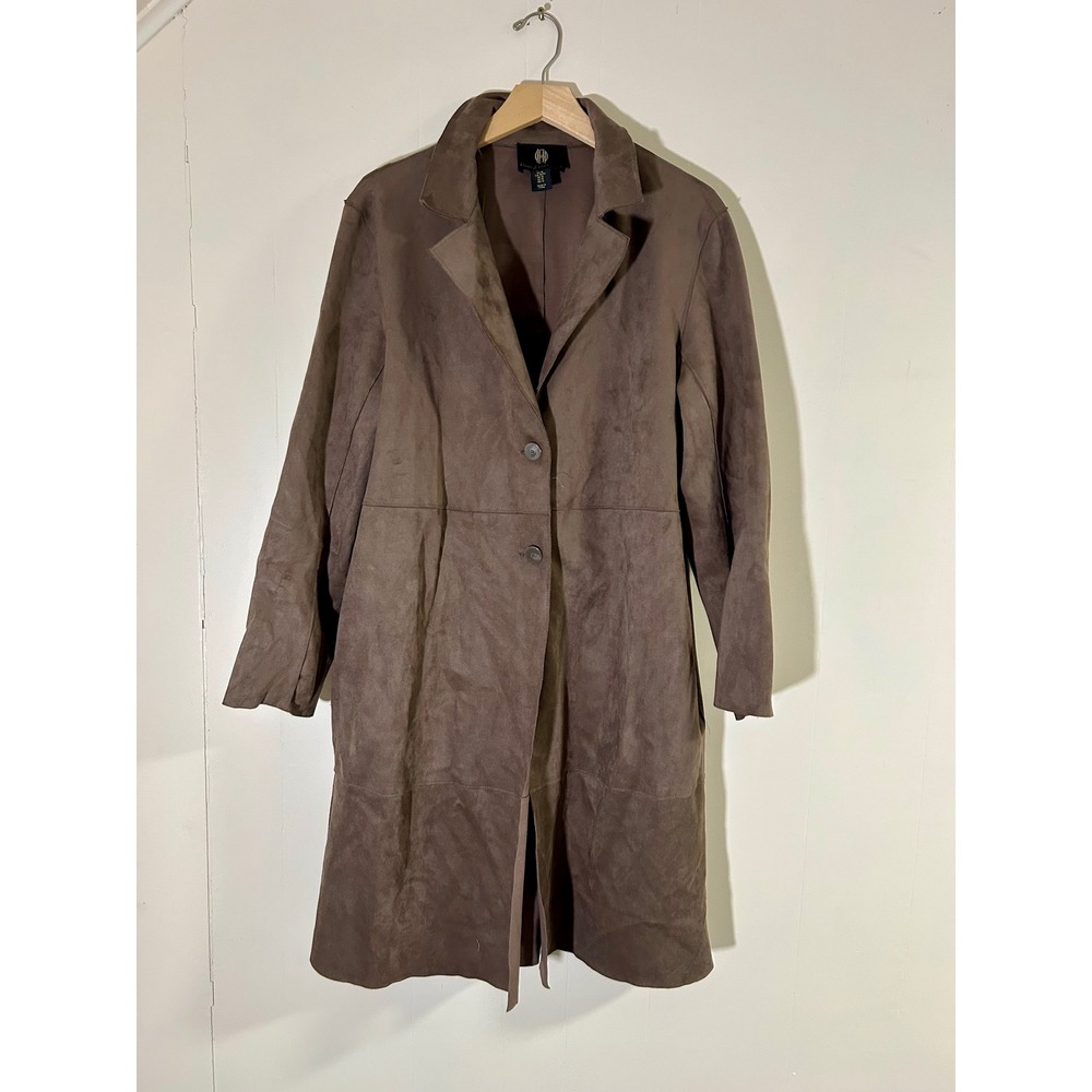 House of Harlow 1960 Faux Leather Suede Long Coat in Taupe sz XL - Picture 2 of 4